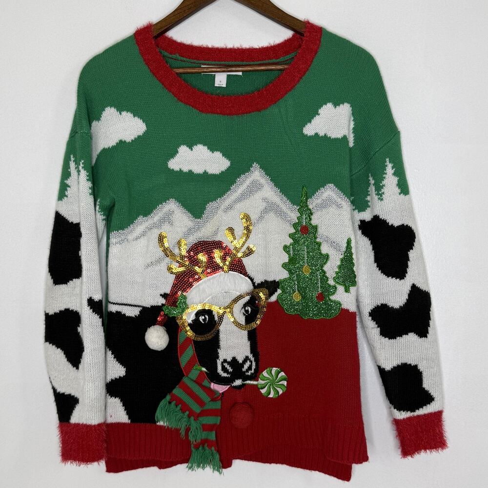 Celebrate Together Sweater Womens Small Green Cow Reindeer Ugly Christmas Sequin